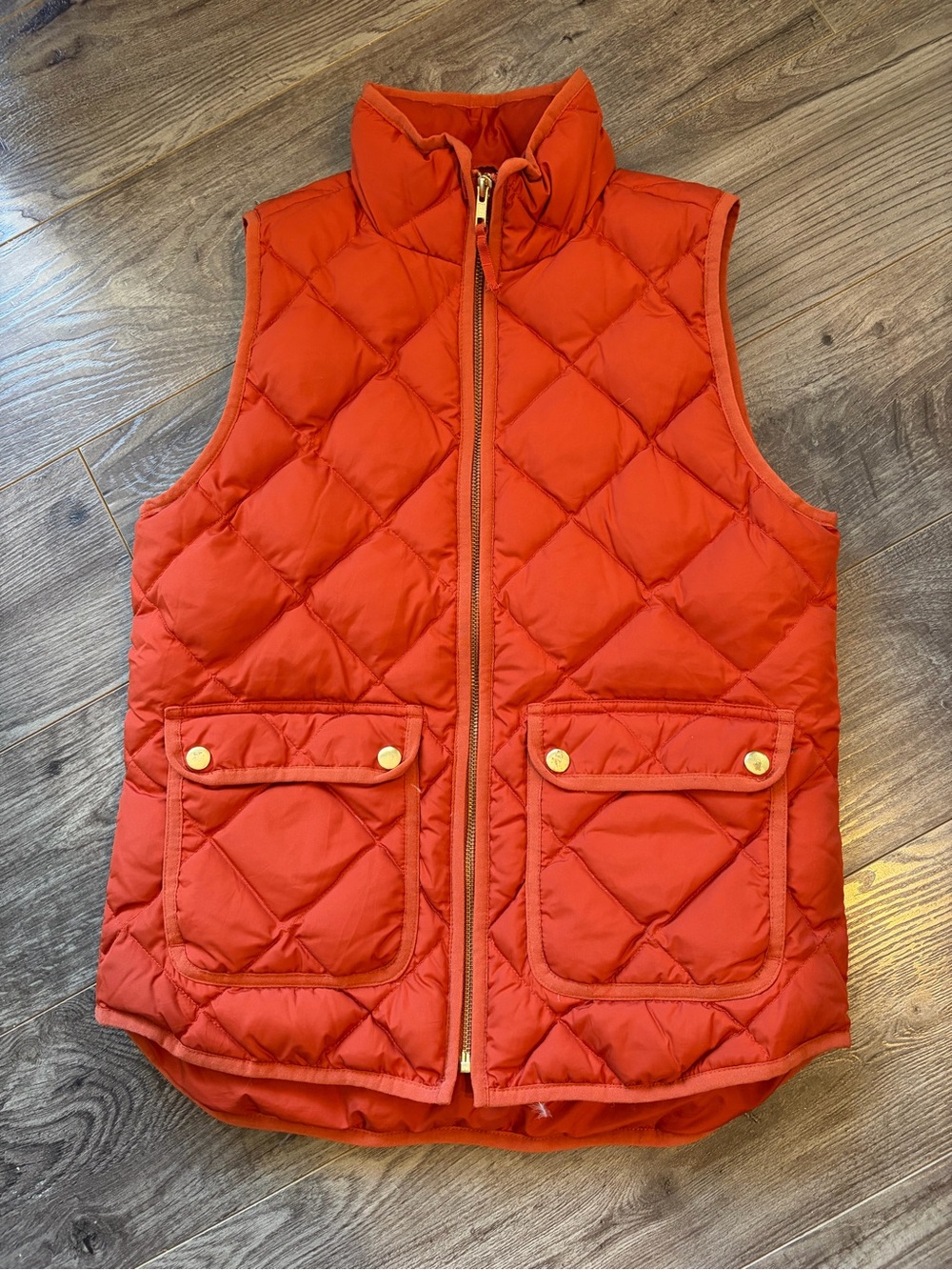 J Crew Quilted Burnt Orange Puffer Vest with Gold Details 70% Feather Downfill